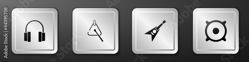 Set Headphones, Triangle, Electric bass guitar and Stereo speaker icon. Silver square button. Vector
