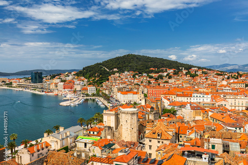 Split waterfront and Marjan hill aerial view  Dalmatia  Croatia. Panoramic summer cityscape of old medieval city Split  Croatia  Europe.  Traveling concept background.