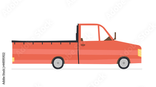 Cartoon pickup truck isolated on white background. Flat style modern transportation, trendy wheeled motor vehicle side view vector illustration. Red retro car, old automobile hand drawn design