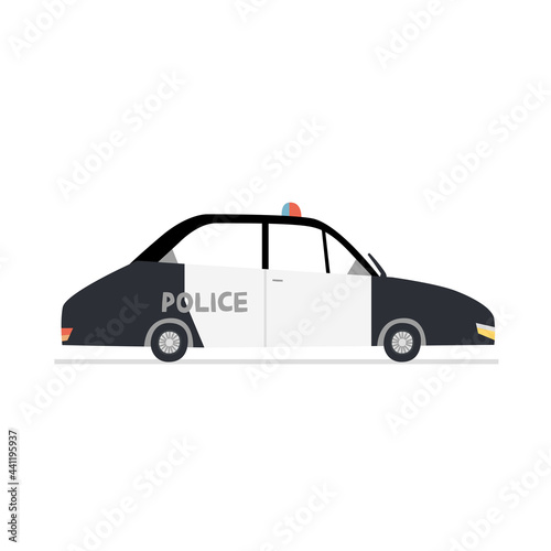 Flat police car vector illustration. Cartoon hand drawn policeman's transportation isolated on white background. Cute black and white urban vehicle with siren. Patrol automobile side view design