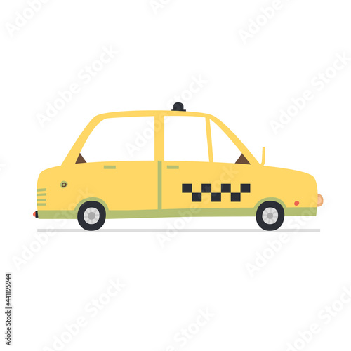 Cute cartoon taxi car vector illustration. Hand drawn flat yellow urban transportation, automobile isolated on white background. Taxicab motor vehicle side view design