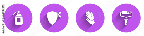 Set Paint spray gun, Vandal, Rubber gloves and roller brush icon with long shadow. Vector