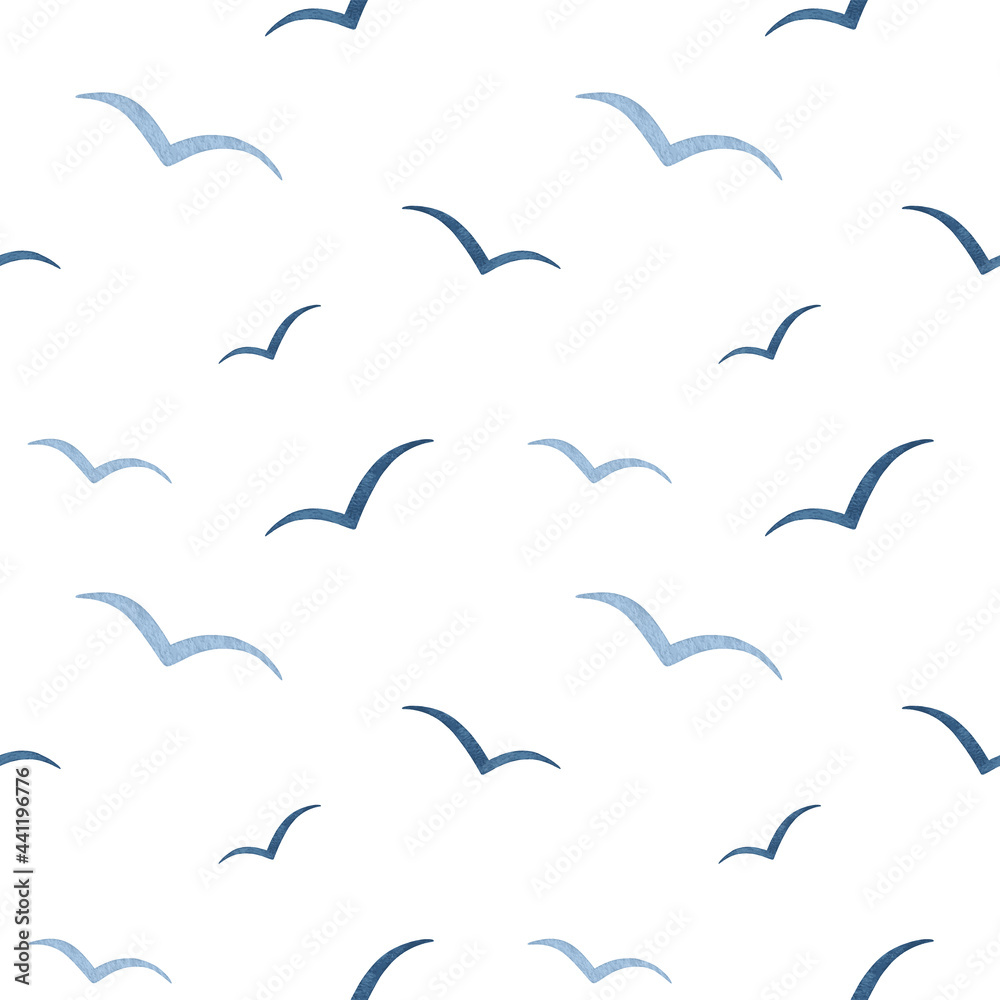 Naklejka premium Watercolor navy blue abstract Seagull seamless pattern. Sea life. Flying Gull Birds silhouettes in the sky. Marine simple vector background for design prints, fabric, textile, package, scrapbooking