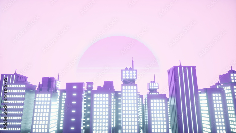 Retrowave style background of neon city. 3d rendering