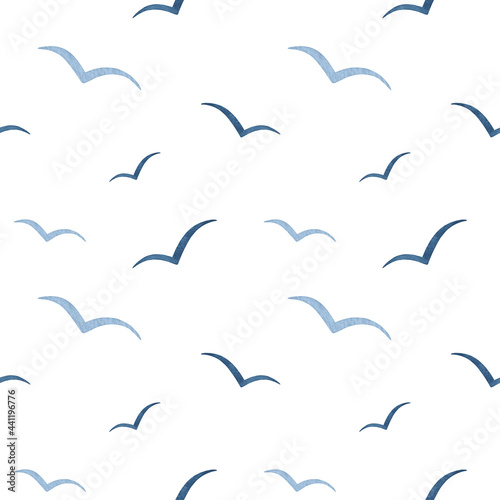 Watercolor navy blue abstract Seagull seamless pattern. Sea life. Flying Gull Birds silhouettes in the sky. Marine simple vector background for design prints, fabric, textile, package, scrapbooking