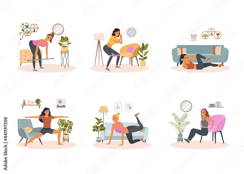 Stay and train at home. Fitness woman doing exercises in the living room. Vector cartoon flat style illustration