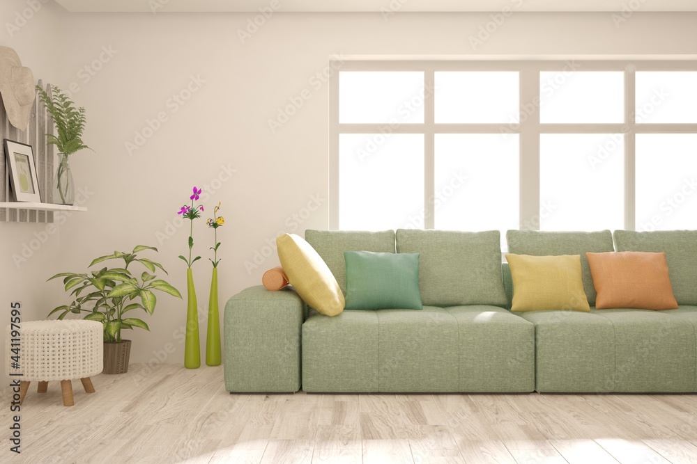 White living room with sofa. Scandinavian interior design. 3D illustration