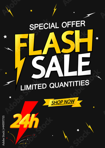 Flash Sale, 24 hours only, poster design template. Discount banner,  special offer, vector illustration