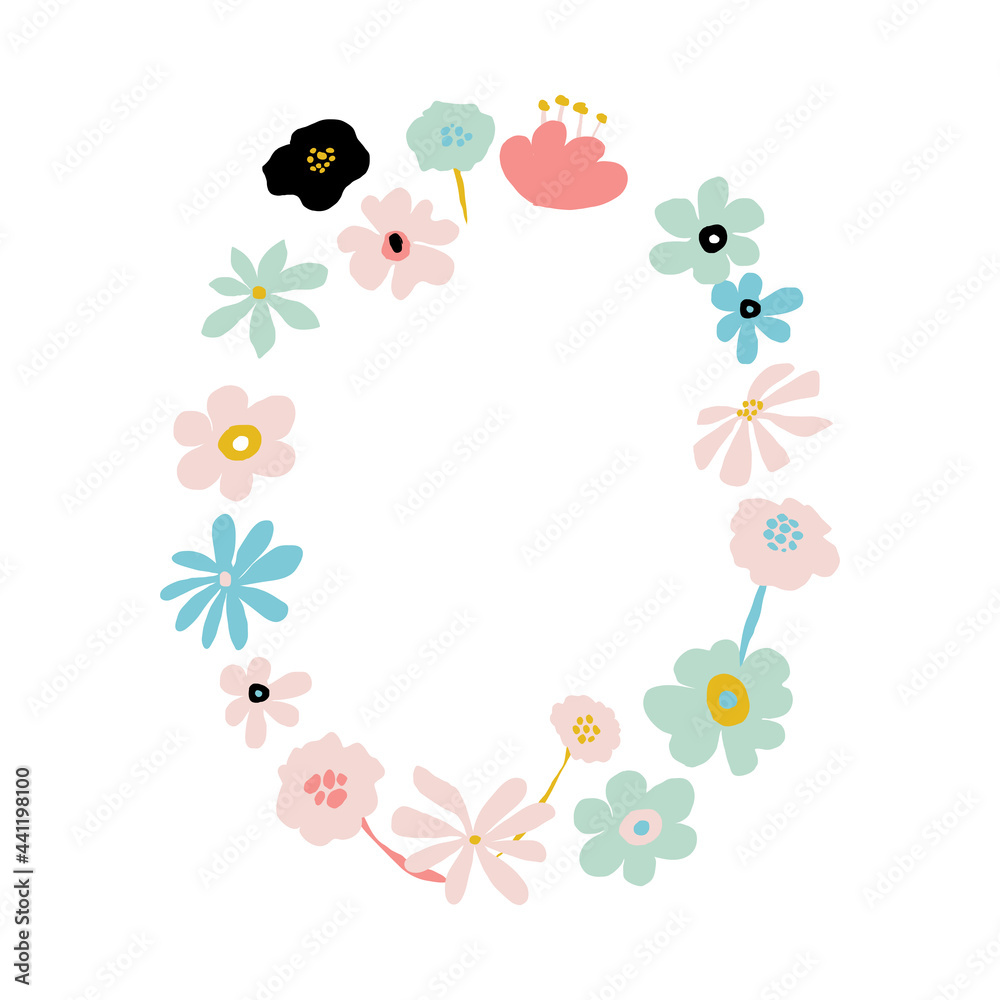 Abstract flower frame in pastel colors. Summer simple floral design wreath. Vector illustration isolatd on white background. Doodle flower card template. Trendy composition Abstract flower frame in pastel colors. Summer simple floral design wreath. Vector illustration isolatd on white background. Doodle flower card template. Trendy composition