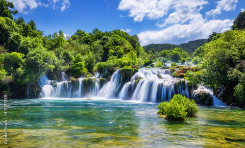Fototapeta Naklejka Na Ścianę i Meble -  View of Krka National Park, Croatia, Europe. Splendid summer view of Krka waterfalls. Fantastic scene of Krka National Park, Croatia, Europe.