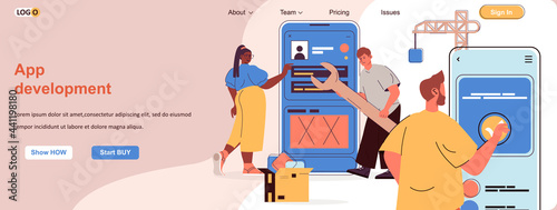 App development web concept. Developers create software, build mobile apps interface scene. Banner template with flat line characters design. Vector illustration for social media promotional materials