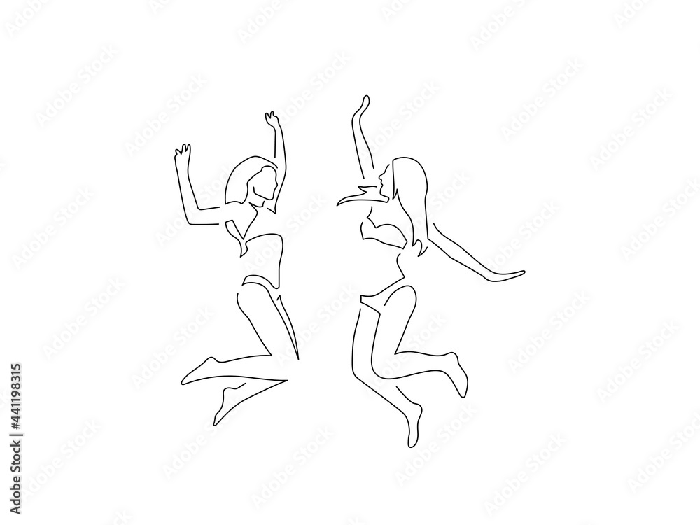Fototapeta premium Bikini girls jumping line drawing, vector illustration design. Summer collection.