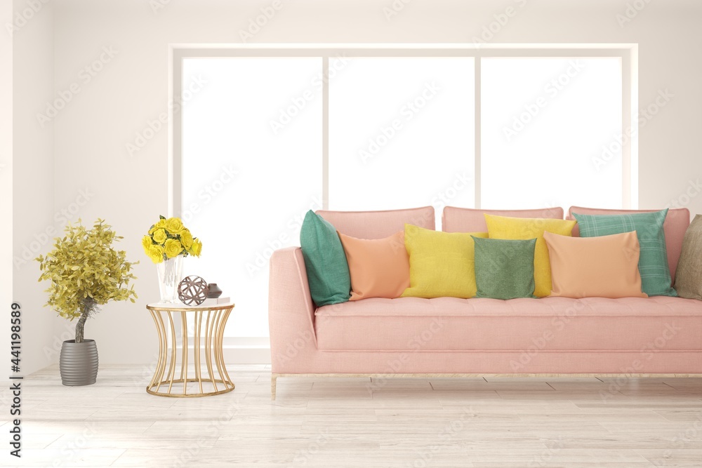 Fototapeta premium Soft color living room with sofa. Scandinavian interior design. 3D illustration
