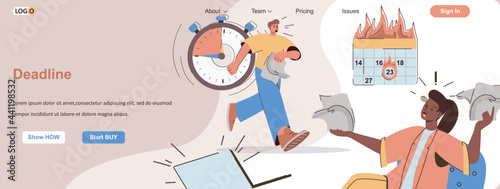 Deadline burning web concept. Working stress and panic in office, time management scene. Banner template with flat line characters design. Vector illustration for social media promotional materials