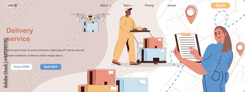 Delivery service web concept. Transportation of parcels, storage in warehouse scene. Banner template with flat line characters design. Vector illustration for social media promotional materials