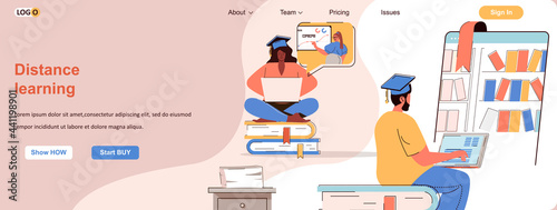 Distance learning web concept. Students studying in online courses, e-learning scene. Banner template with flat line characters design. Vector illustration for social media promotional materials