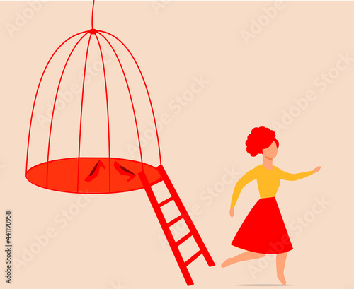 Woman escaping from a bird cage. Female steps out of prison. Girl getting out of a locked space. Concept of freedom, mental health issues, rehabilitation, taking new opportunities and chalenges. 