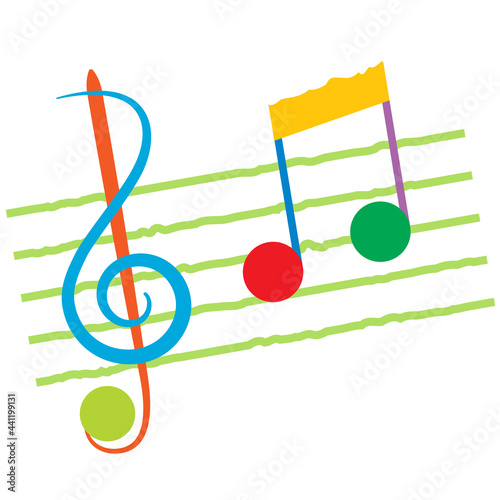 Colorful musical theme with clef and note on the staff, vector illustration