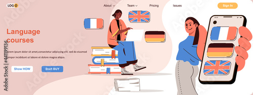 Language courses web concept. Students learn foreign languages online or mobile app scene. Banner template with flat line characters design. Vector illustration for social media promotional materials