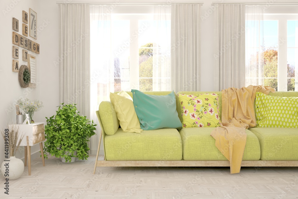 Fototapeta premium White living room with sofa. Scandinavian interior design. 3D illustration