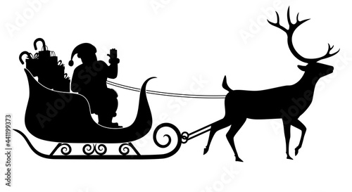 Santa Claus riding a sleigh, full of gifts, silhouette, vector illustration
