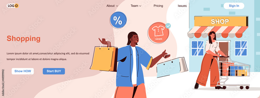 Shopping web concept. Buyers make purchases in stores, buying clothes on sale scene. Banner template with flat line characters design. Vector illustration for social media promotional materials Shopping web concept. Buyers make purchases in stores, buying clothes on sale scene. Banner template with flat line characters design. Vector illustration for social media promotional materials