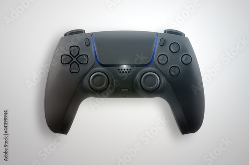 Next Generation black game controller isolated on white background. Top view.