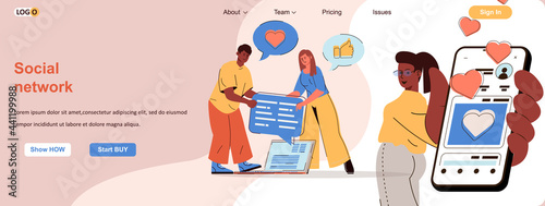 Social network web concept. Users communicate online, share and comment on posts scene. Banner template with flat line characters design. Vector illustration for social media promotional materials