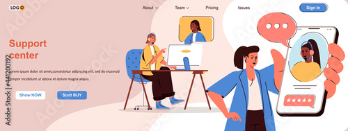Support center web concept. Operators advise clients, receive calls, help in chats scene. Banner template with flat line characters design. Vector illustration for social media promotional materials