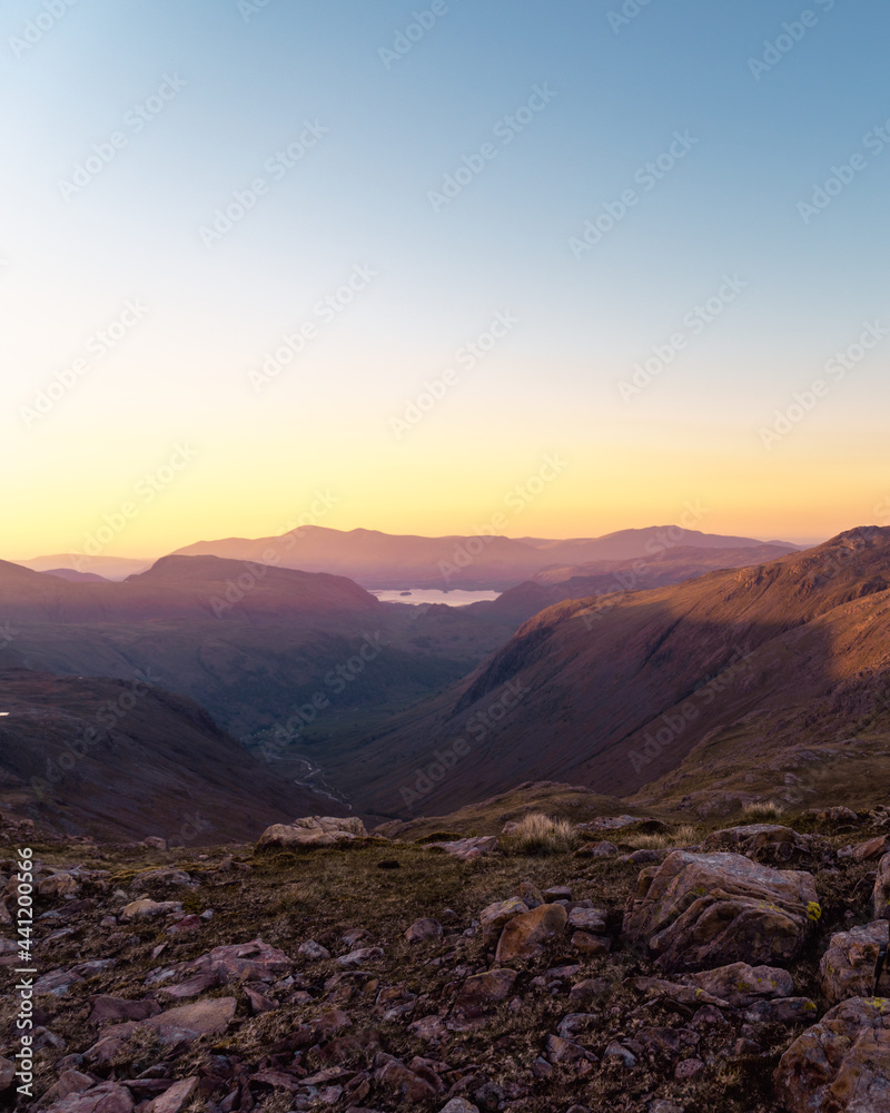 Sunset from Great End mountain in the Lake District National Park, England.