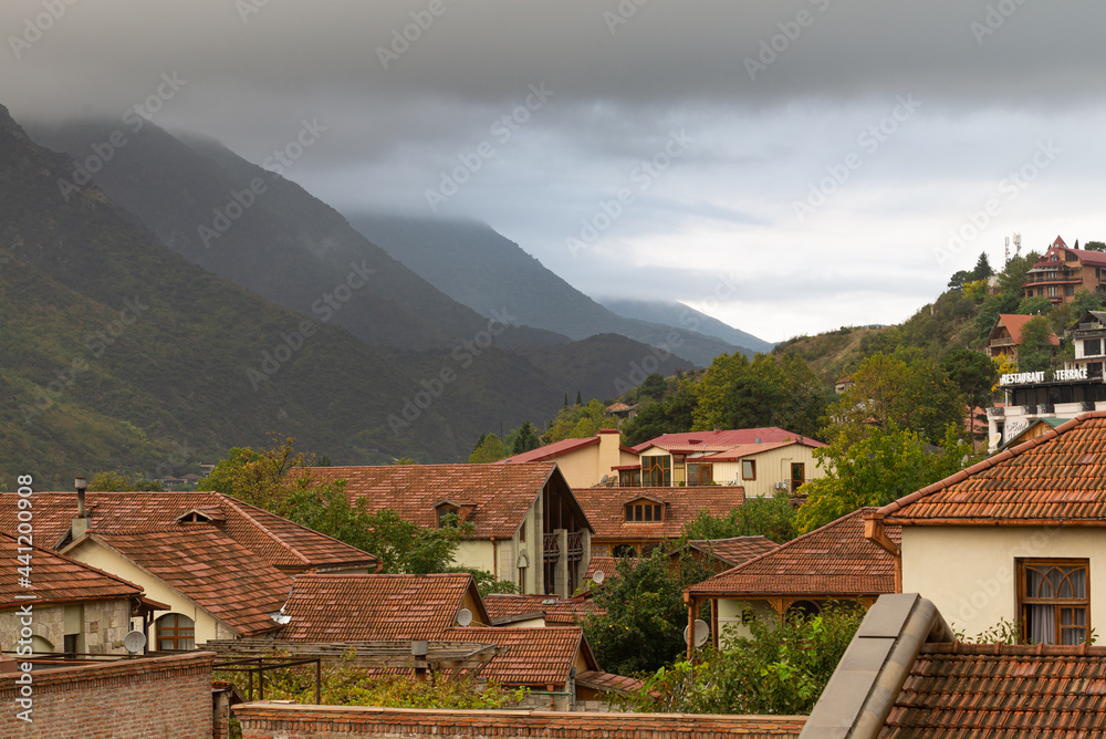 Beautiful panoramic view of Ancient Georgian Church Of Holly Cross, Jvari Monastery with Remains Of Stone Wall (Mtskheta City). Beautiful panoramic view of Ancient Georgian Church Of Holly Cross, Jvari Monastery with Remains Of Stone Wall (Mtskheta City).