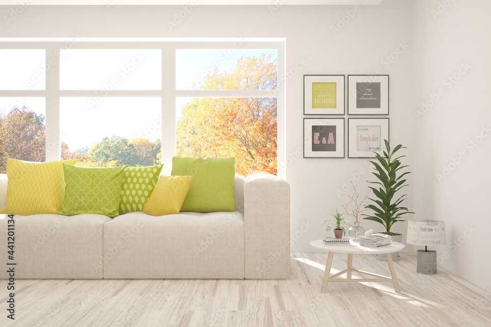 Naklejka premium Stylish room in white color with sofa and autumn landscape in window. Scandinavian interior design. 3D illustration