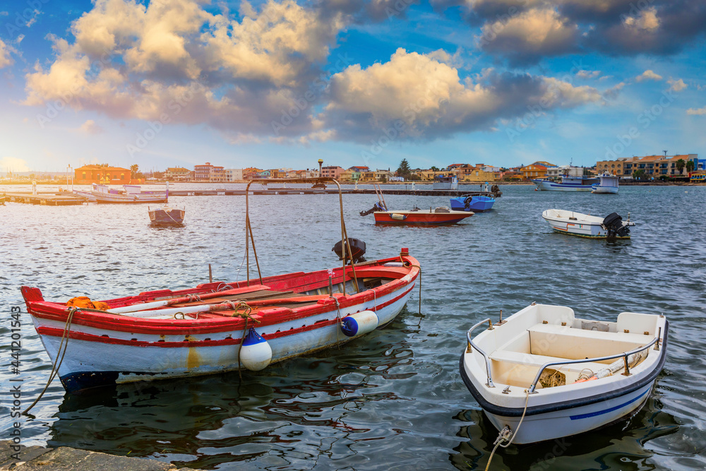 Fototapeta premium The picturesque village of Marzamemi, in the province of Syracuse, Sicily. Square of Marzamemi, a small fishing village, Siracusa province, Sicily, italy, Europe.
