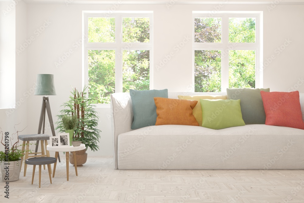 Naklejka premium Minimalist living room in white color with sofa and summer landscape in window. Scandinavian interior design. 3D illustration