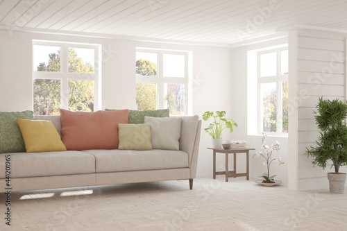 White living room with sofa and summer landscape in window. Scandinavian interior design. 3D illustration