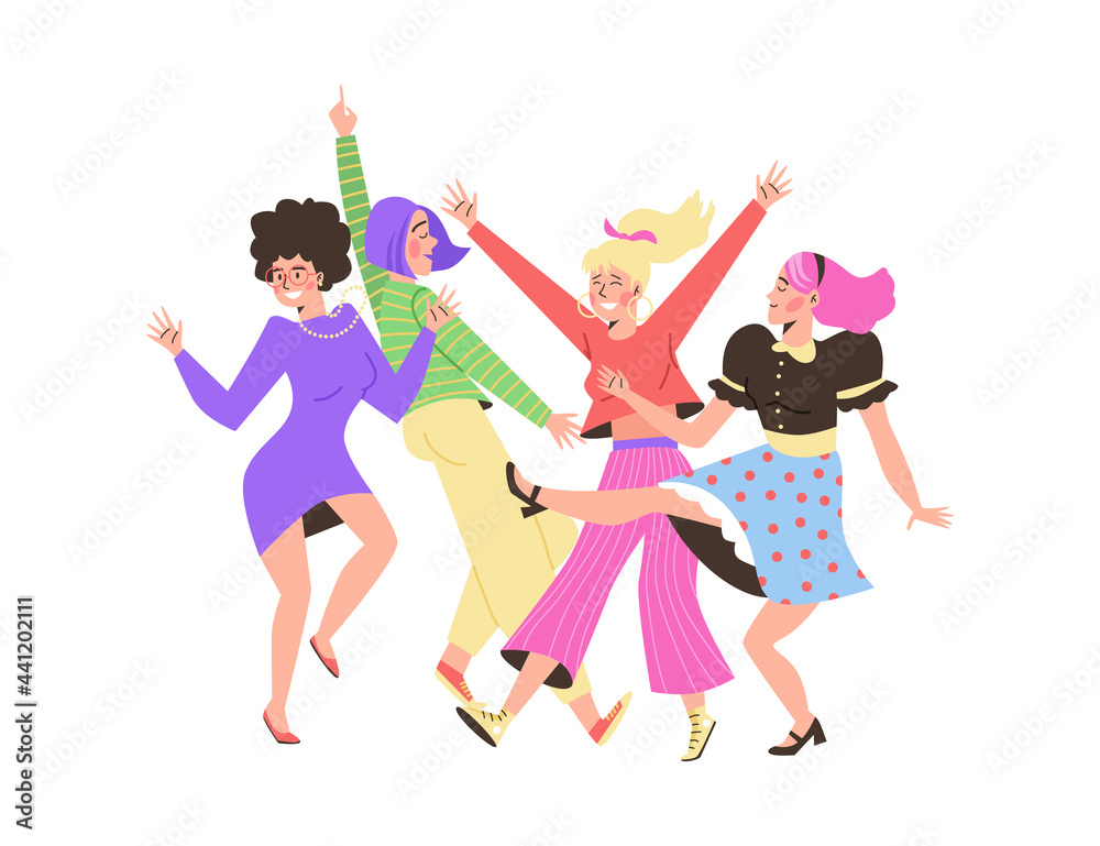 Dancing women characters in bright clothing, flat vector illustration isolated.