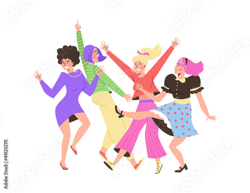 Dancing women characters in bright clothing, flat vector illustration isolated.
