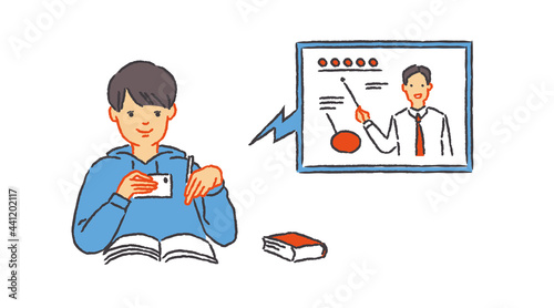 スマートフォンでオンライン授業を受ける男の子