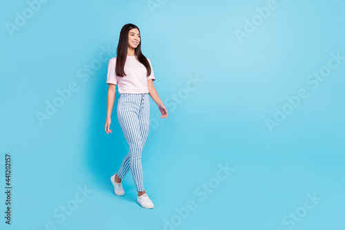 Full length body size view of attractive cheerful thin content girl walking isolated over bright blue color background