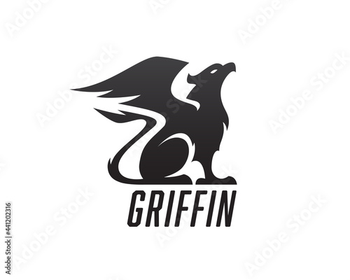Griffin logo concept. Greek mythology Gryphon icon. Griffon symbol. Mythical eagle and lion creature sign. Vector illustration.