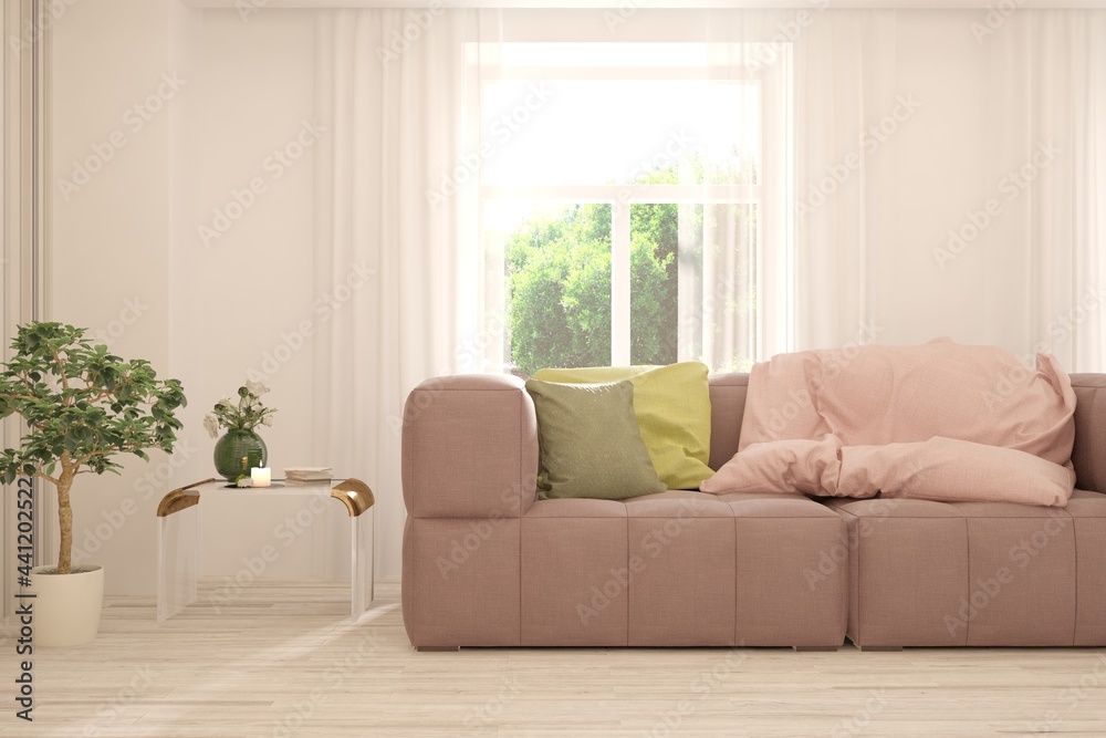 Fototapeta premium White living room with sofa and summer landscape in window. Scandinavian interior design. 3D illustration