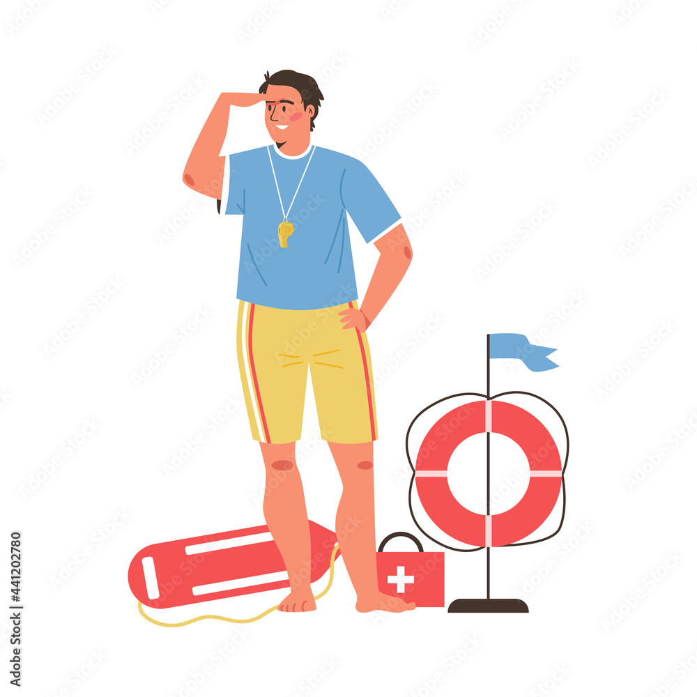 Lifeguard man with various rescue equipment, flat vector illustration isolated.