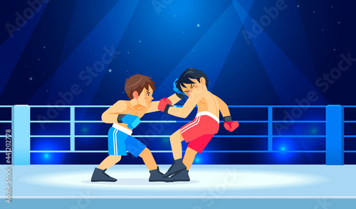 A young fighter or boxer loses and gets hit in the face by a knockdown or knockout in the boxing ring during a fight. Cartoon character, flat vector style illustration