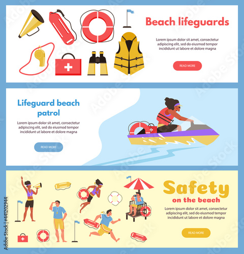 Beach lifeguards patrol banners or flyers set, flat vector illustration.