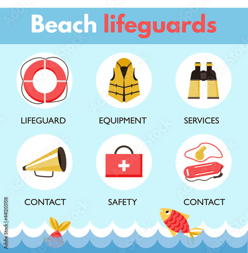 Lifeguard beach patrol icons infographic set, flat vector illustration isolated.