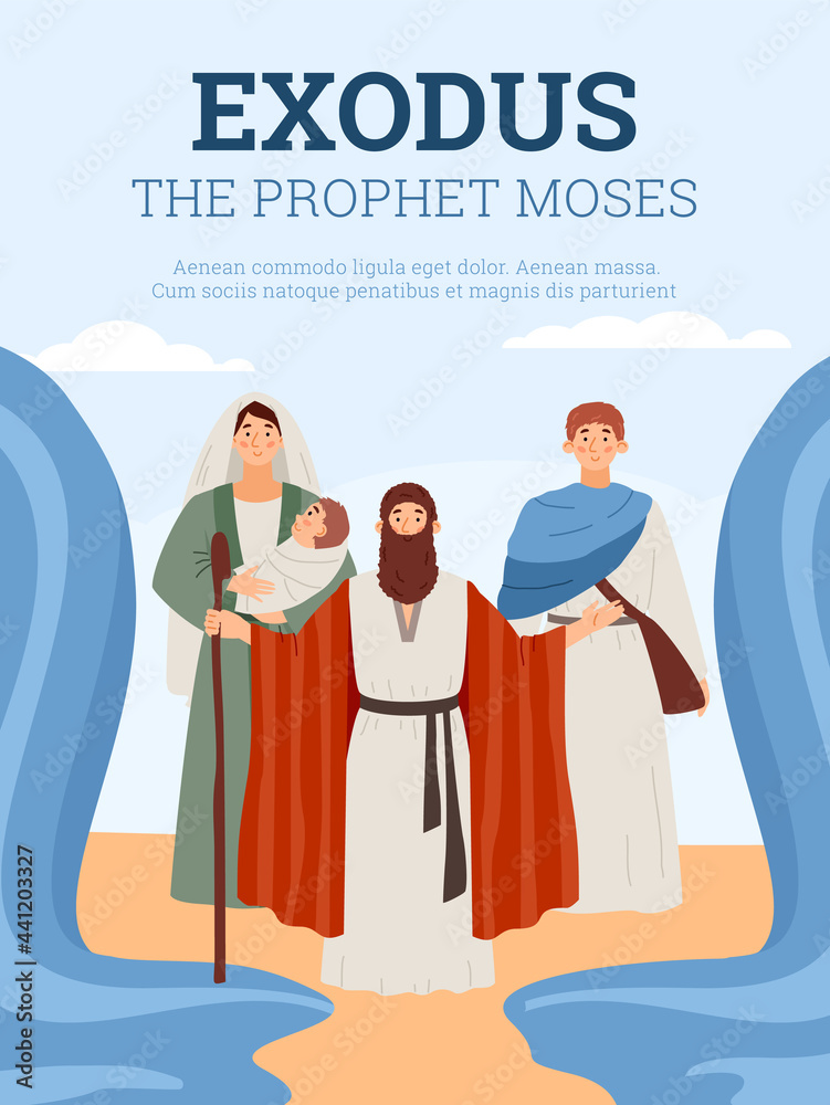 Exodus banner or poster with Moses splitting the sea, flat vector illustration. Exodus banner or poster with Moses splitting the sea, flat vector illustration.