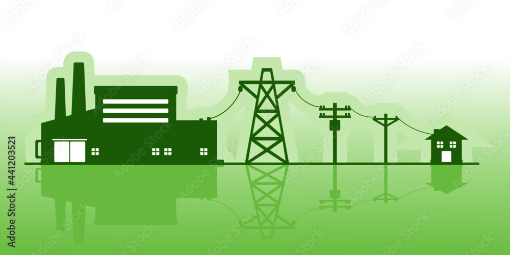 Naklejka premium Green power plant generates electricity to transmit electricity to electric poles and house icon flat vector.