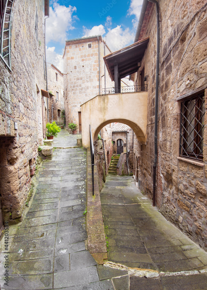 Fototapeta premium Sorano (Italy) - An ancient medieval hill town hanging from a tuff stone in province of Grosseto, Tuscany region, know as the Little Matera.