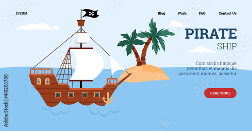 Website banner template with pirate ship at sea, flat vector illustration.