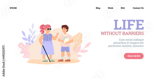 Website with disabled blind girl and healthy boy, cartoon vector illustration.